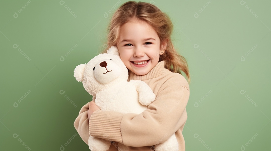 Garota branca em roupas casuais se diverte, abraça o ursinho de pelúcia