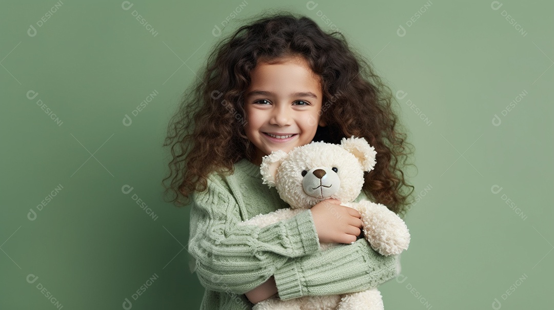 Garota branca em roupas casuais se diverte, abraça o ursinho de pelúcia