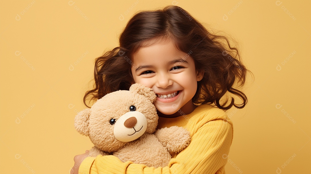 Garota branca em roupas casuais se diverte, abraça o ursinho de pelúcia