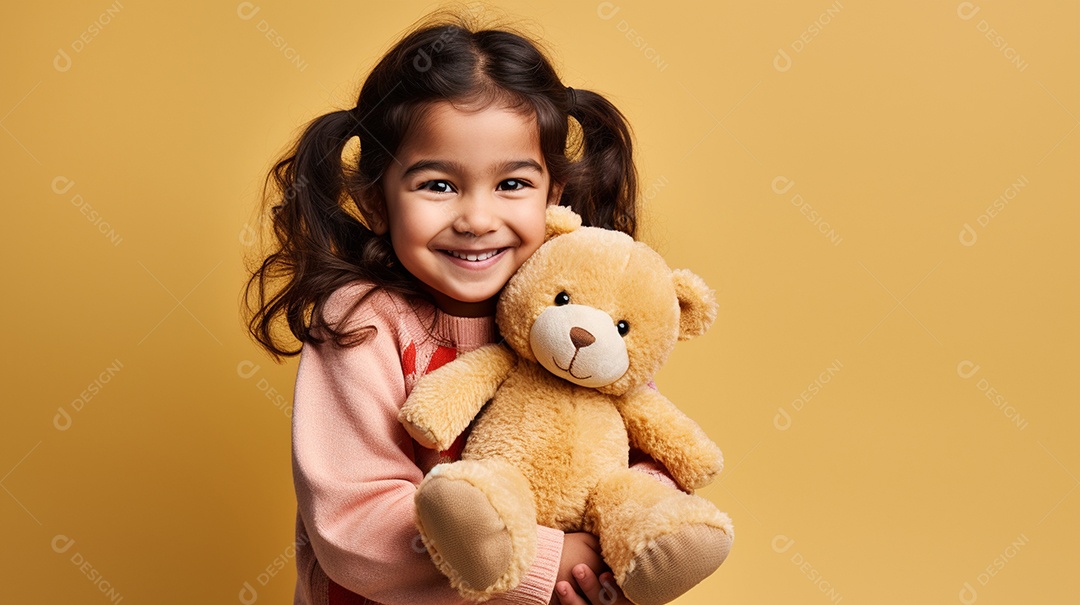 Garota branca em roupas casuais se diverte, abraça o ursinho de pelúcia