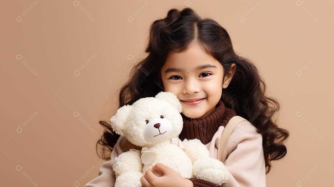 Garota branca em roupas casuais se diverte, abraça o ursinho de pelúcia