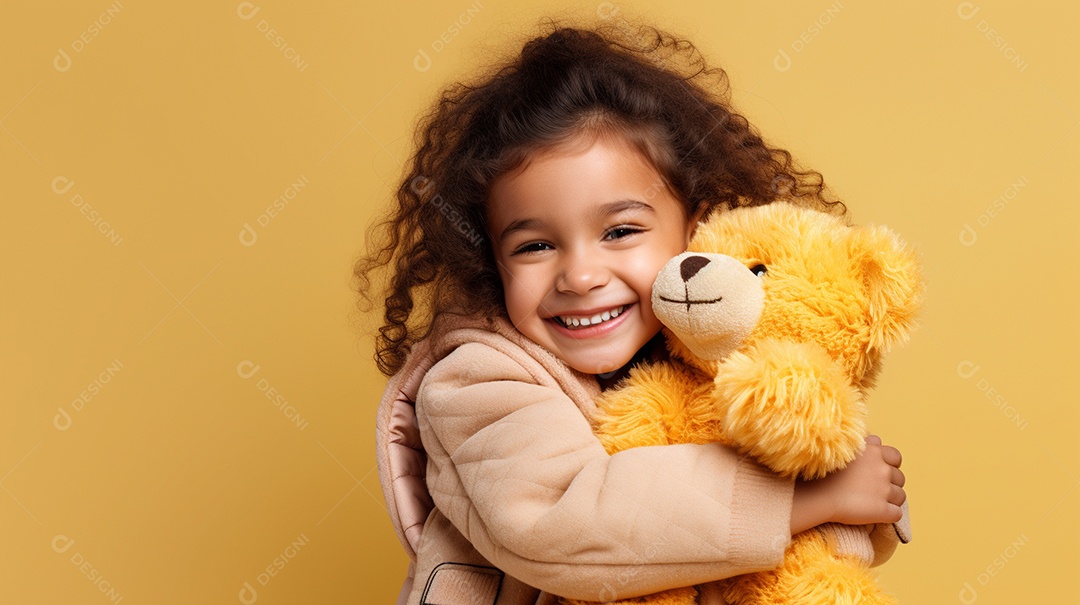 Garota branca em roupas casuais se diverte, abraça o ursinho de pelúcia