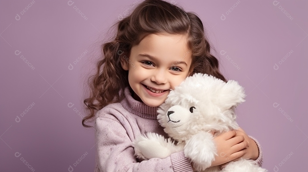 Garota branca em roupas casuais se diverte, abraça o ursinho de pelúcia