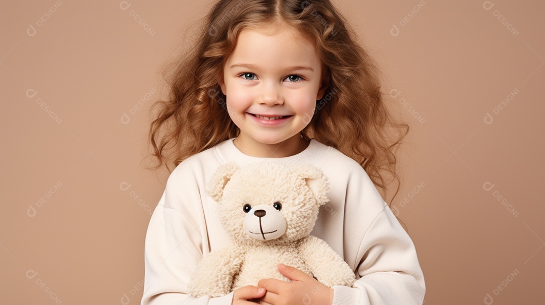 Garota branca em roupas casuais se diverte, abraça o ursinho de pelúcia