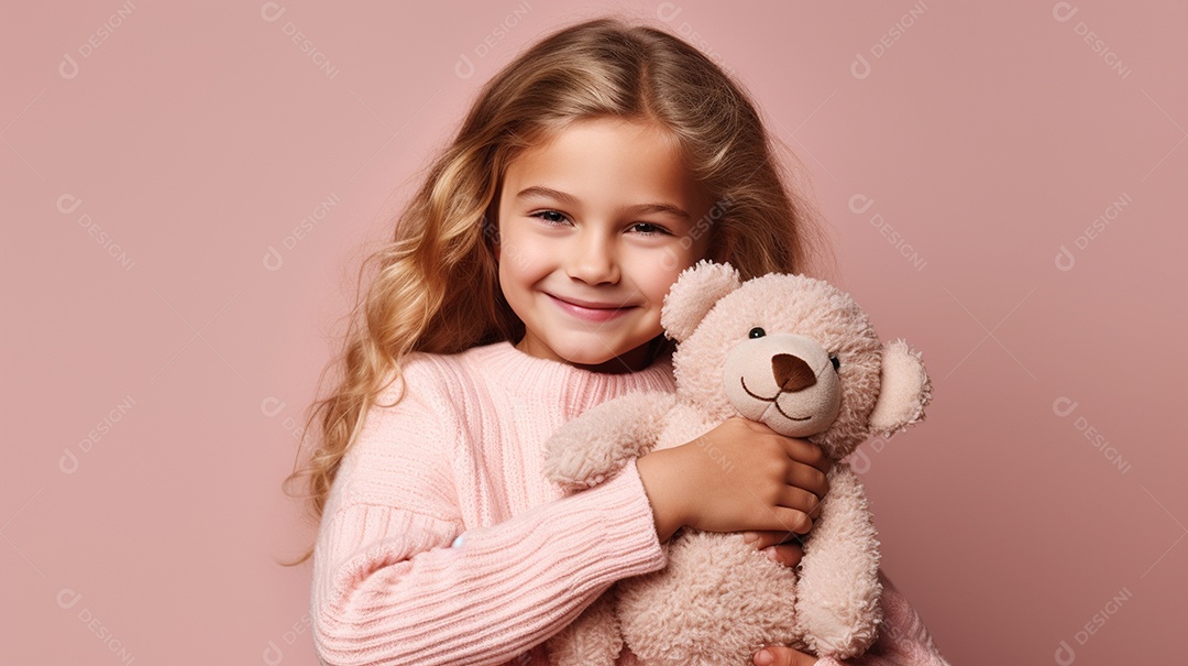 Garota branca em roupas casuais se diverte, abraça o ursinho de pelúcia