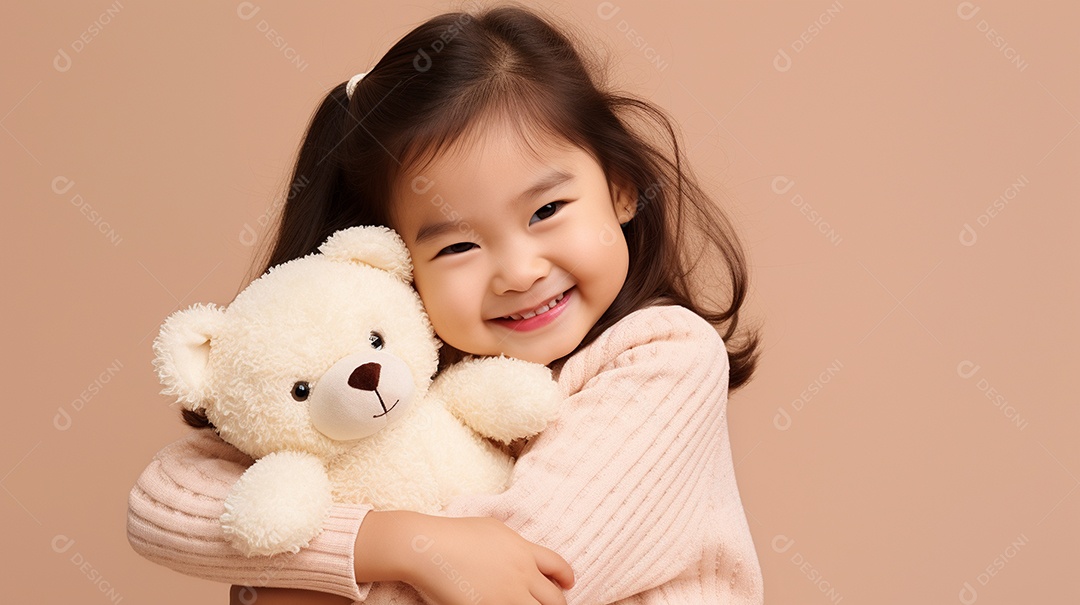 Garota branca em roupas casuais se diverte, abraça o ursinho de pelúcia