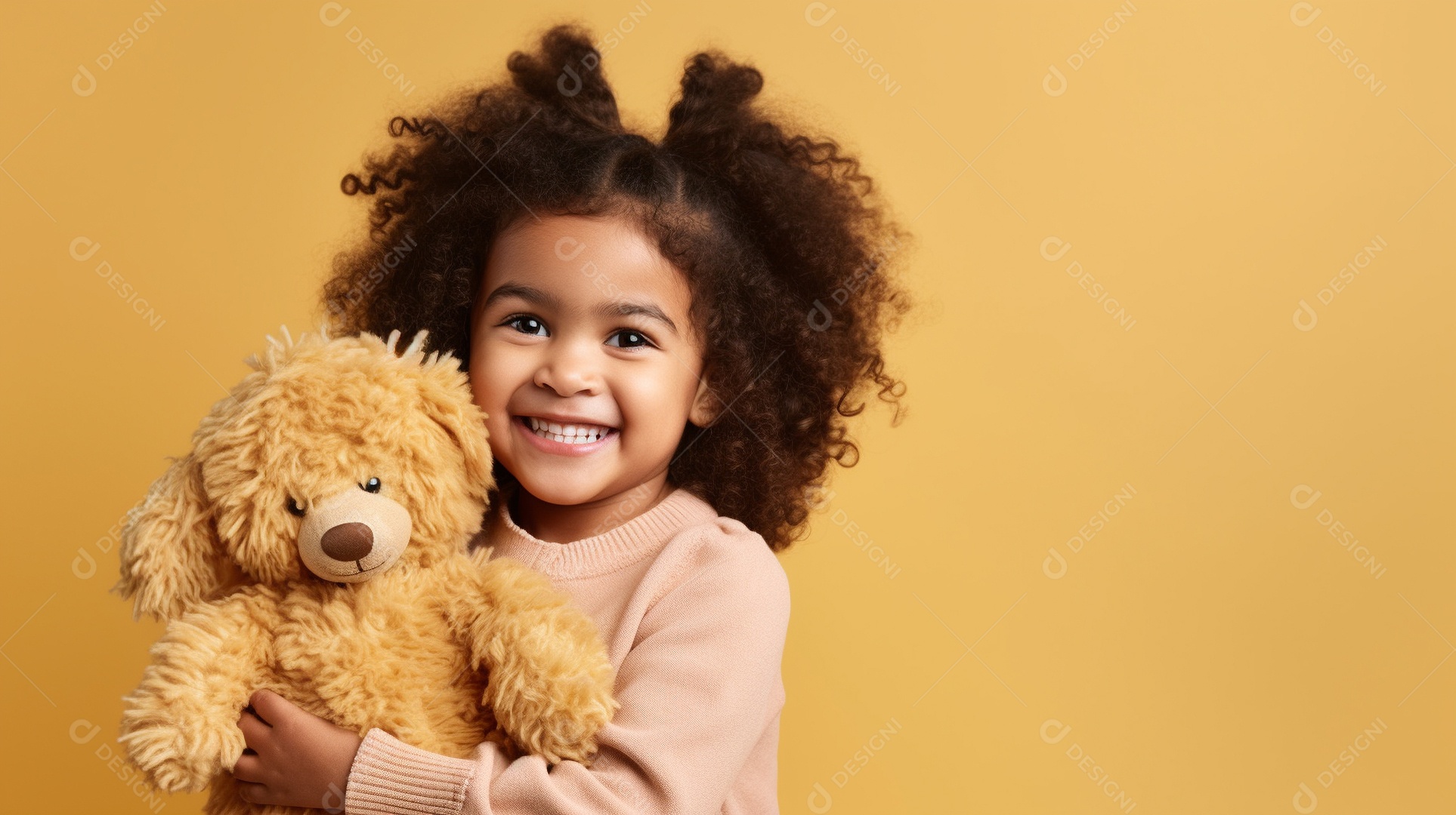 Garota branca em roupas casuais se diverte, abraça o ursinho de pelúcia