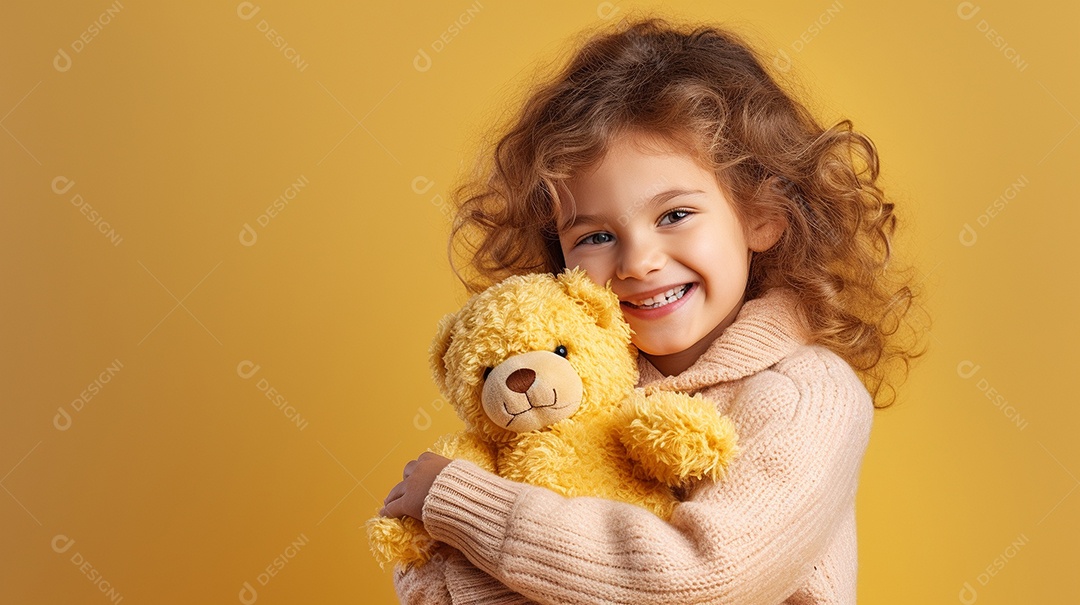 Garota branca em roupas casuais se diverte, abraça o ursinho de pelúcia