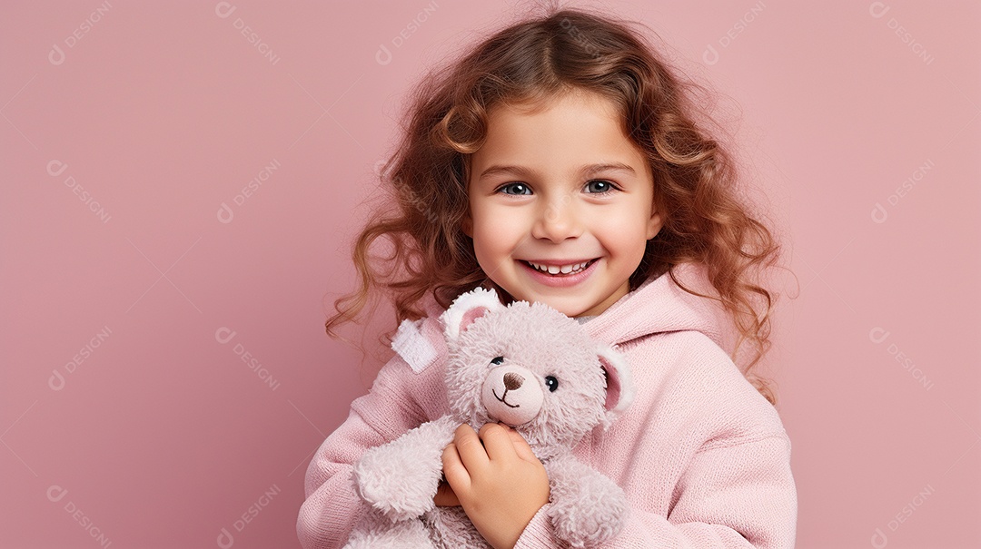 Garota branca em roupas casuais se diverte, abraça o ursinho de pelúcia