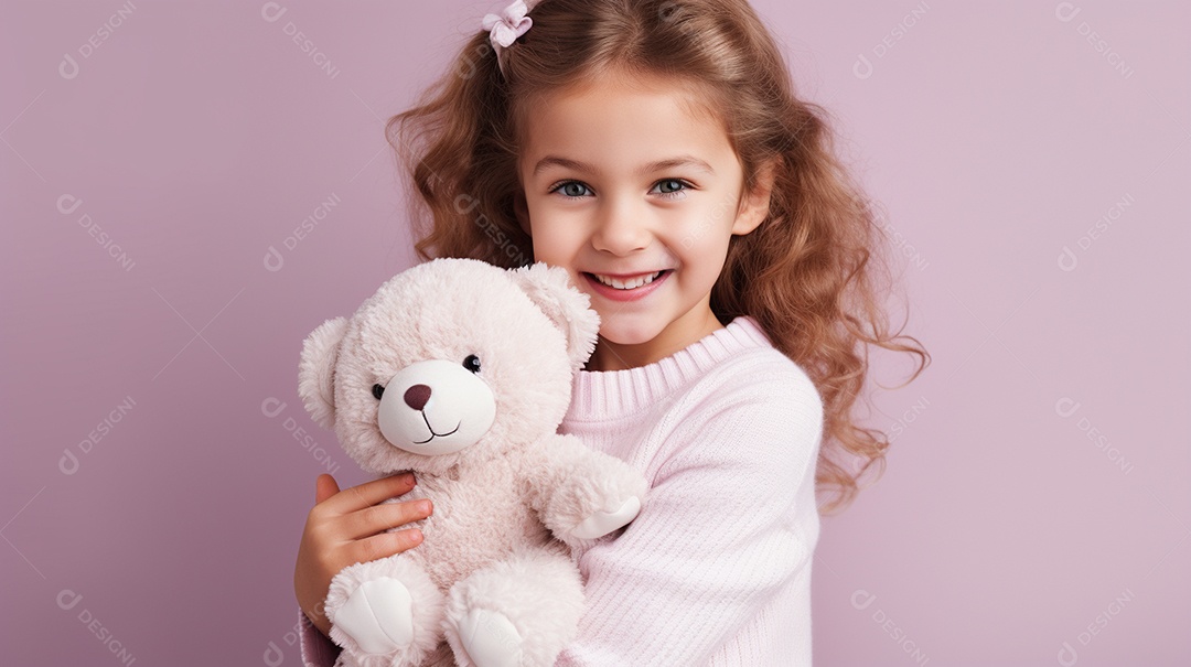 Garota branca em roupas casuais se diverte, abraça o ursinho de pelúcia