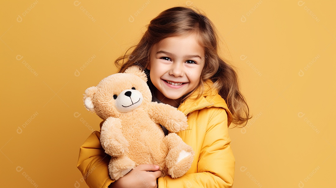 Garota branca em roupas casuais se diverte, abraça o ursinho de pelúcia