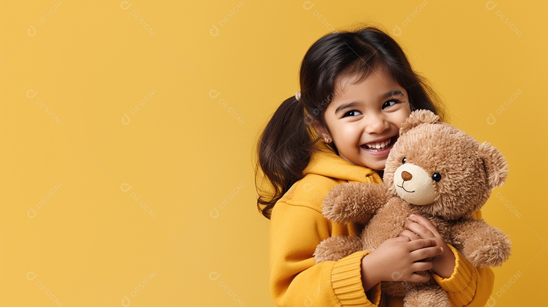 Garota branca em roupas casuais se diverte, abraça o ursinho de pelúcia