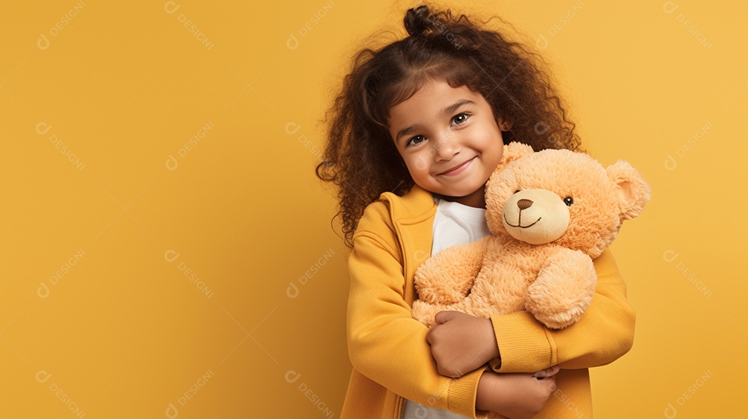 Garota branca em roupas casuais se diverte, abraça o ursinho de pelúcia