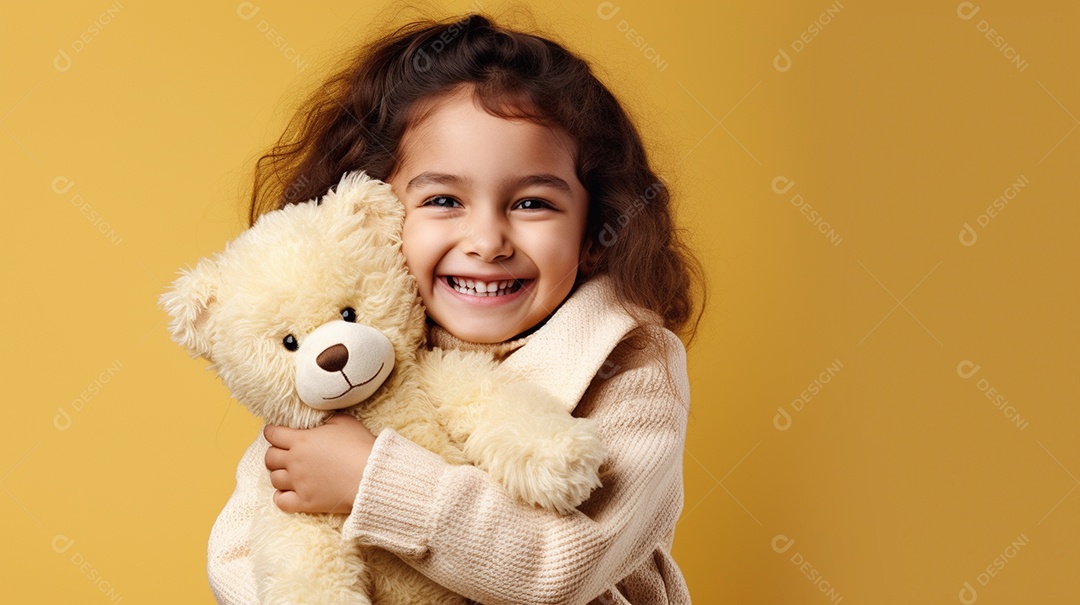 Garota branca em roupas casuais se diverte, abraça o ursinho de pelúcia