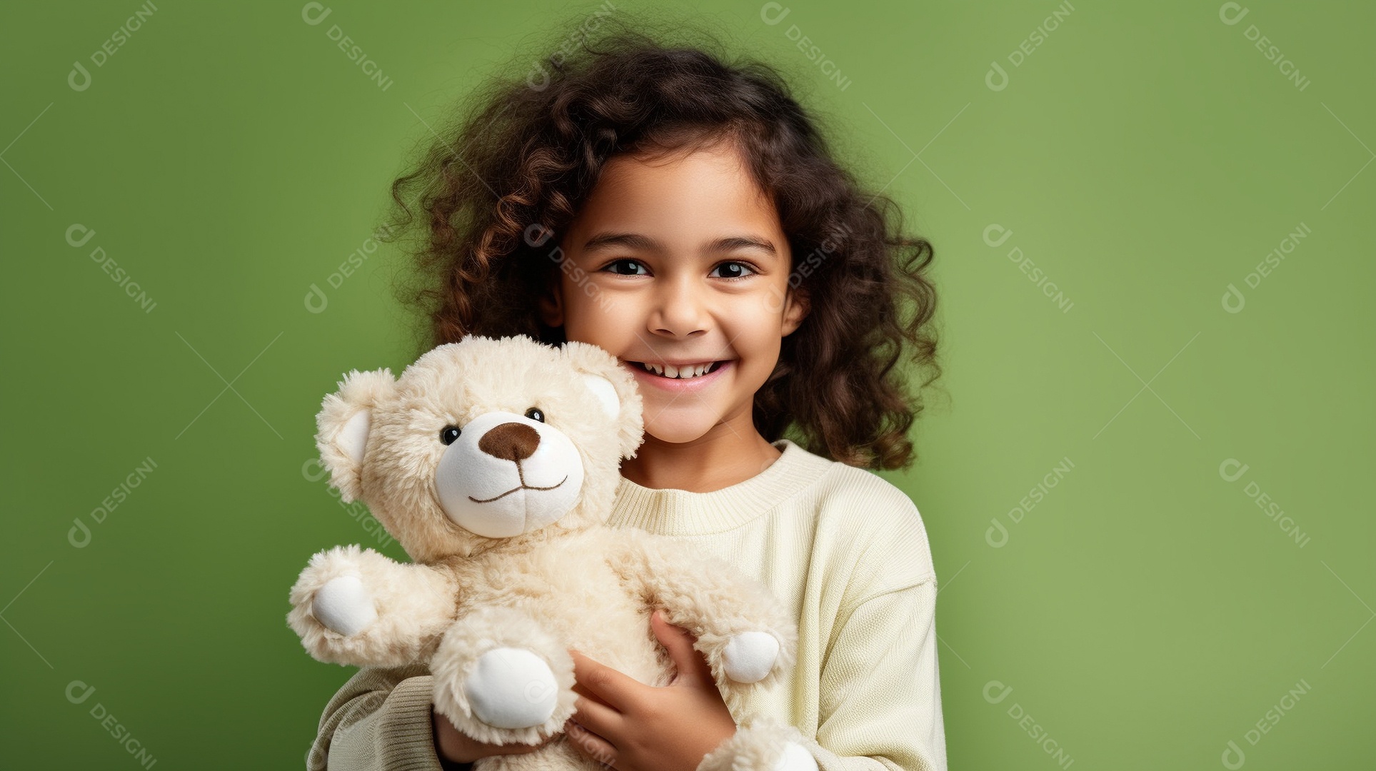 Garota branca em roupas casuais se diverte, abraça o ursinho de pelúcia