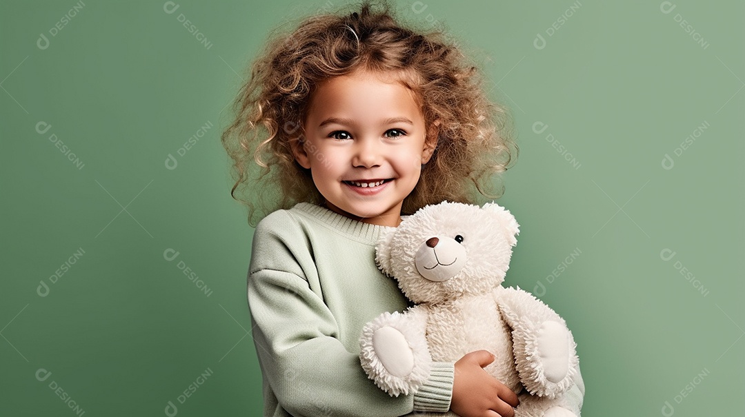 Garota branca em roupas casuais se diverte, abraça o ursinho de pelúcia