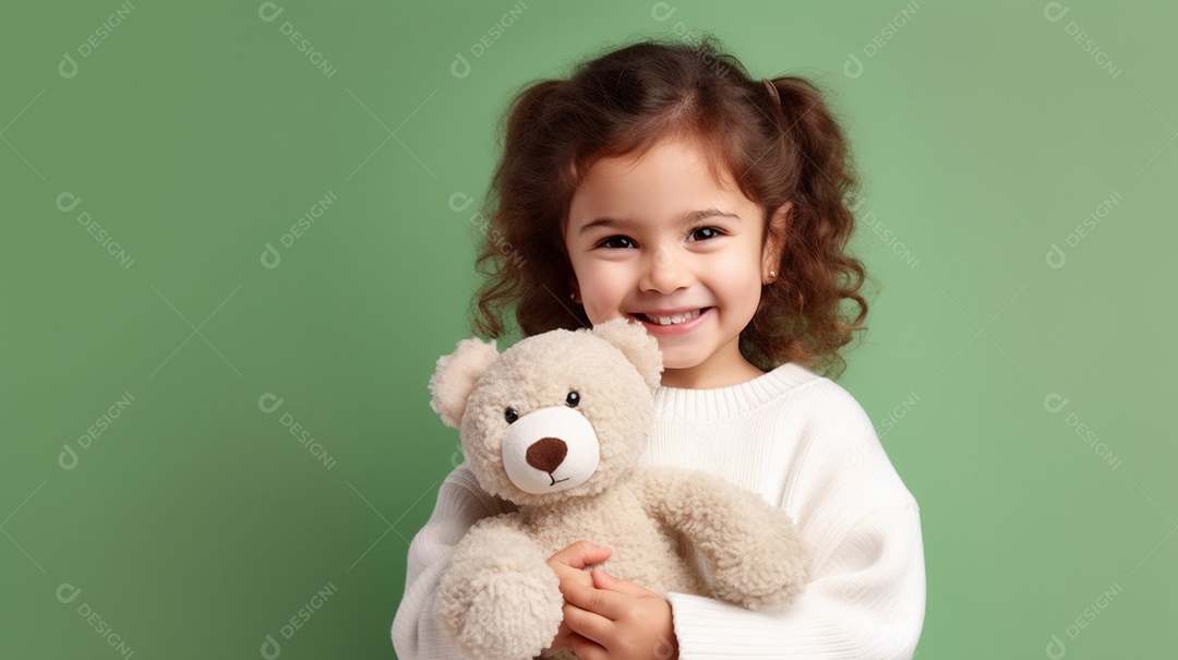 Garota branca em roupas casuais se diverte, abraça o ursinho de pelúcia