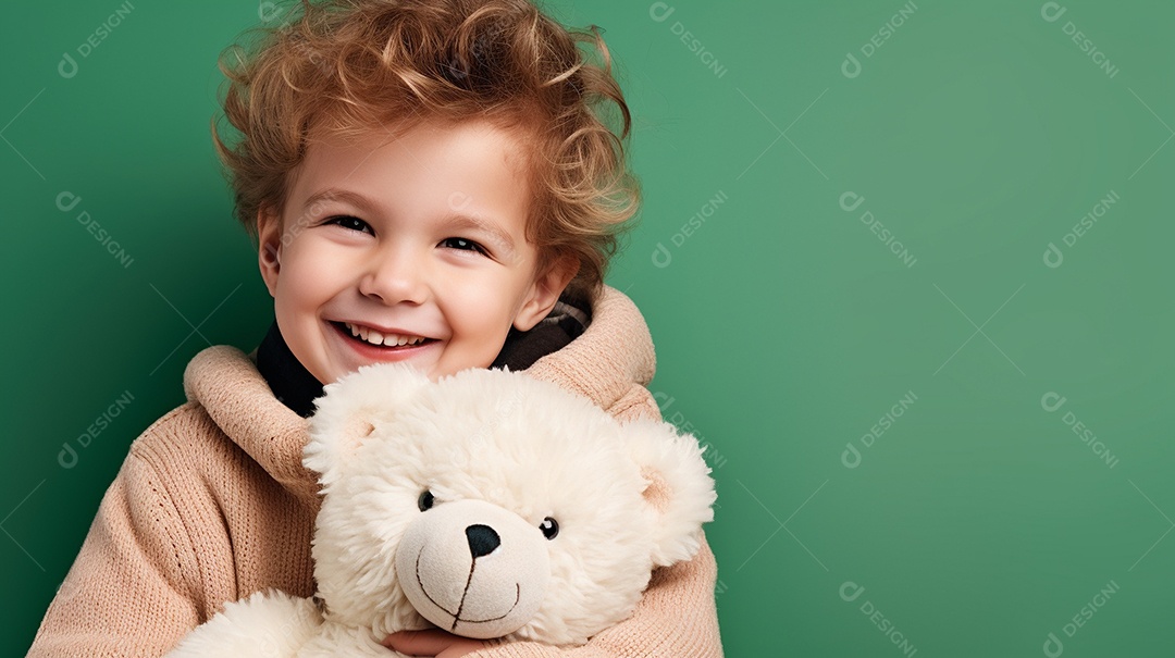 Garoto branco em roupas casuais se diverte, abraça o ursinho de pelúcia