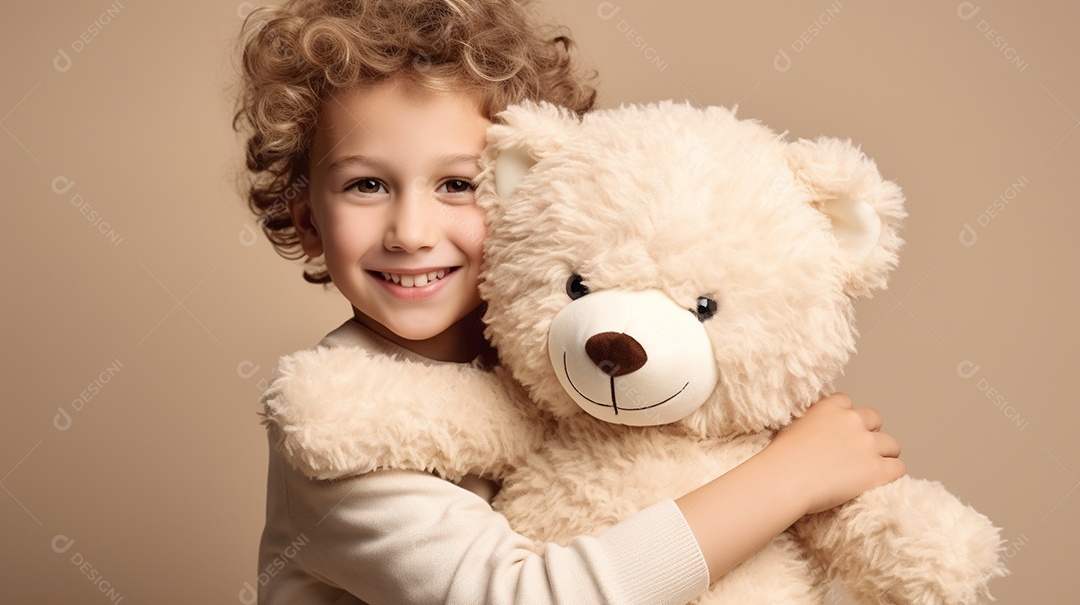 Garoto branco em roupas casuais se diverte, abraça o ursinho de pelúcia