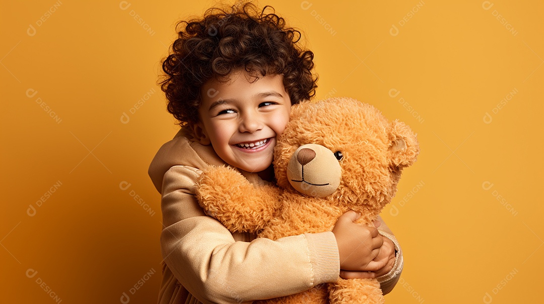 Garoto branco em roupas casuais se diverte, abraça o ursinho de pelúcia