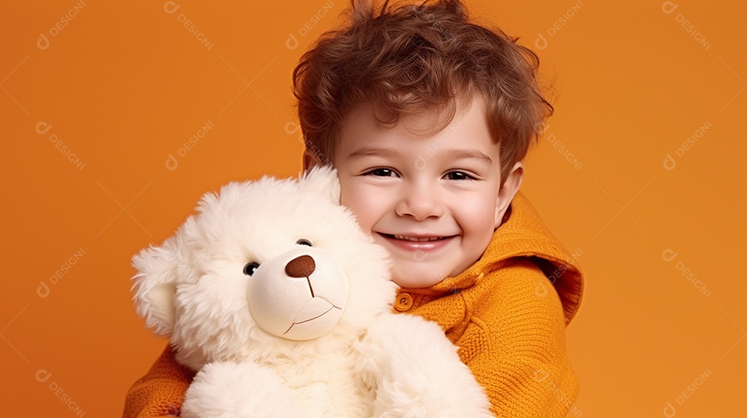 Garoto branco em roupas casuais se diverte, abraça o ursinho de pelúcia