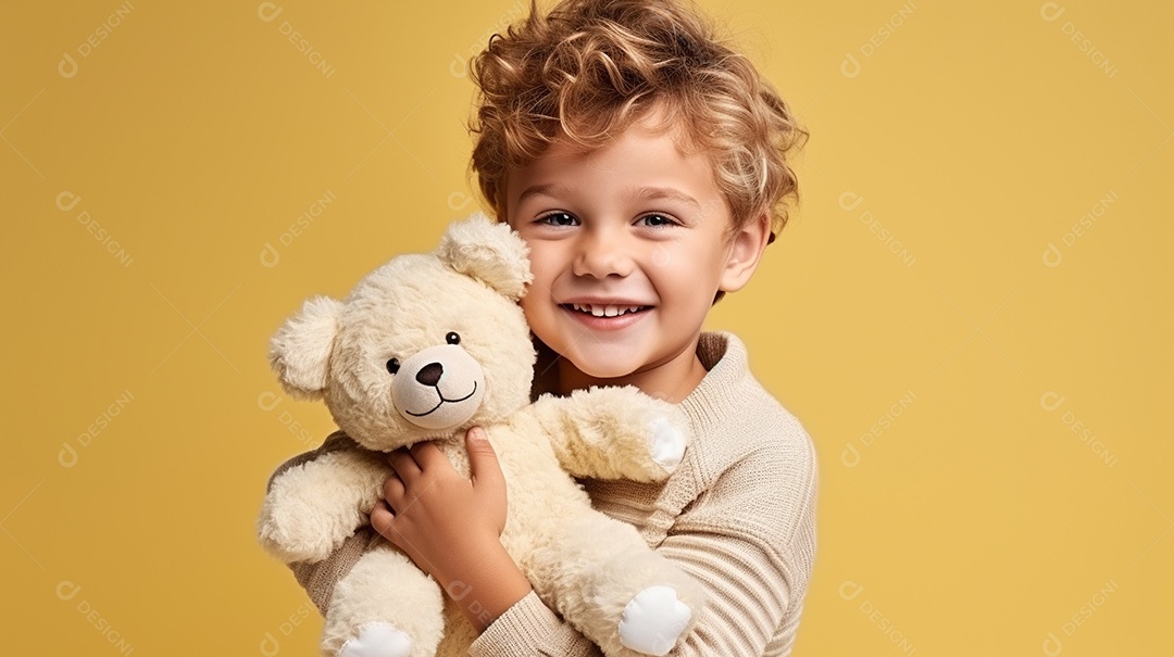 Garoto branco em roupas casuais se diverte, abraça o ursinho de pelúcia