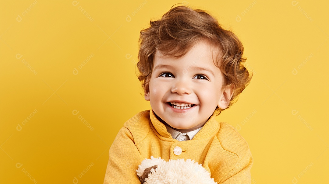 Garoto branco em roupas casuais se diverte, abraça o ursinho de pelúcia