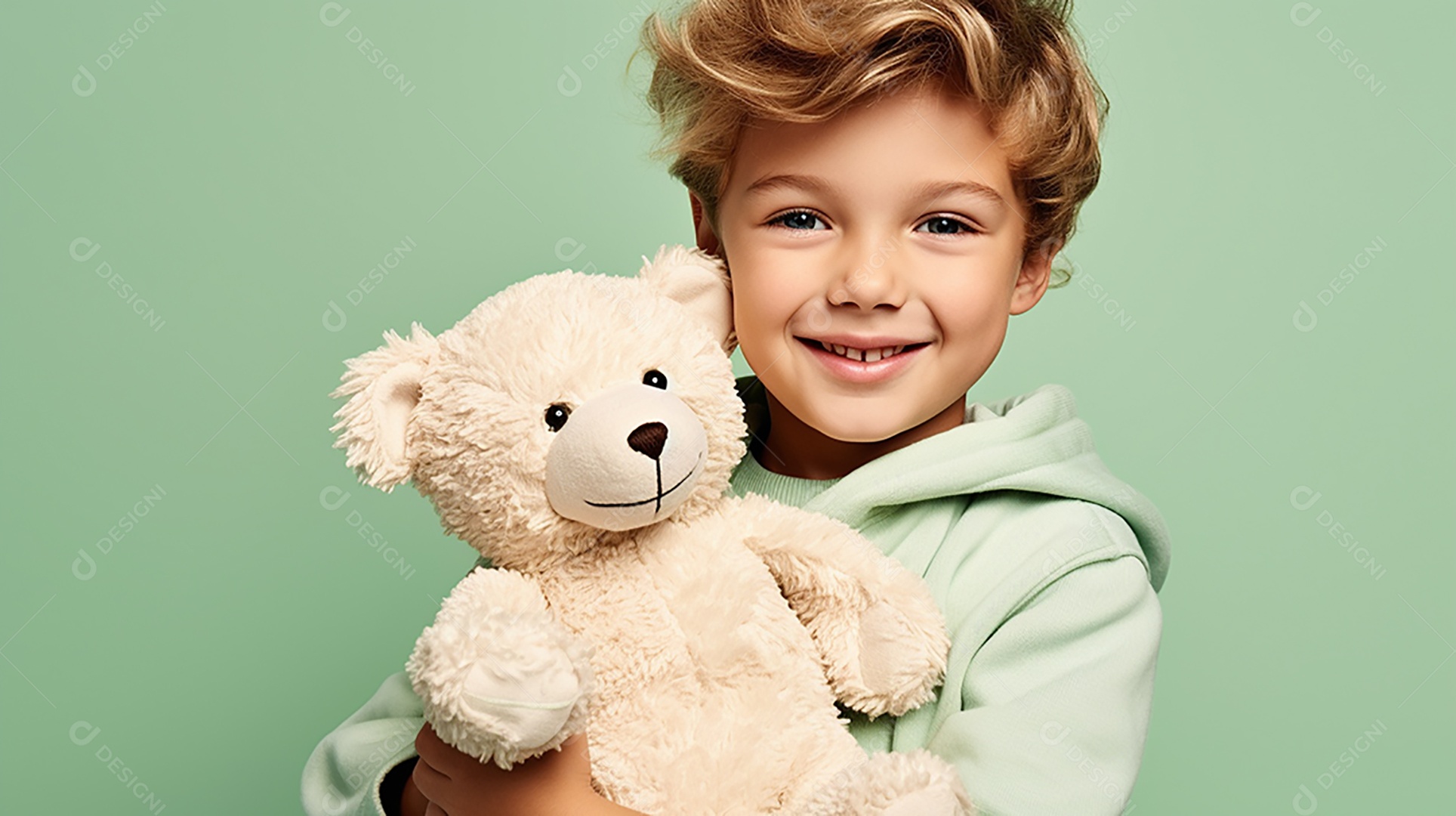 Garoto branco em roupas casuais se diverte, abraça o ursinho de pelúcia