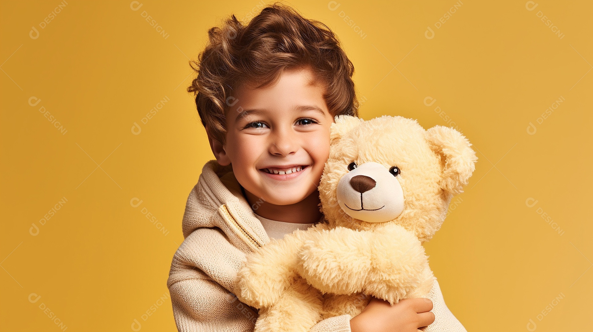 Garoto branco em roupas casuais se diverte, abraça o ursinho de pelúcia