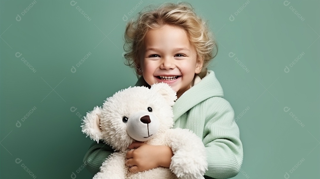 Garoto branco em roupas casuais se diverte, abraça o ursinho de pelúcia