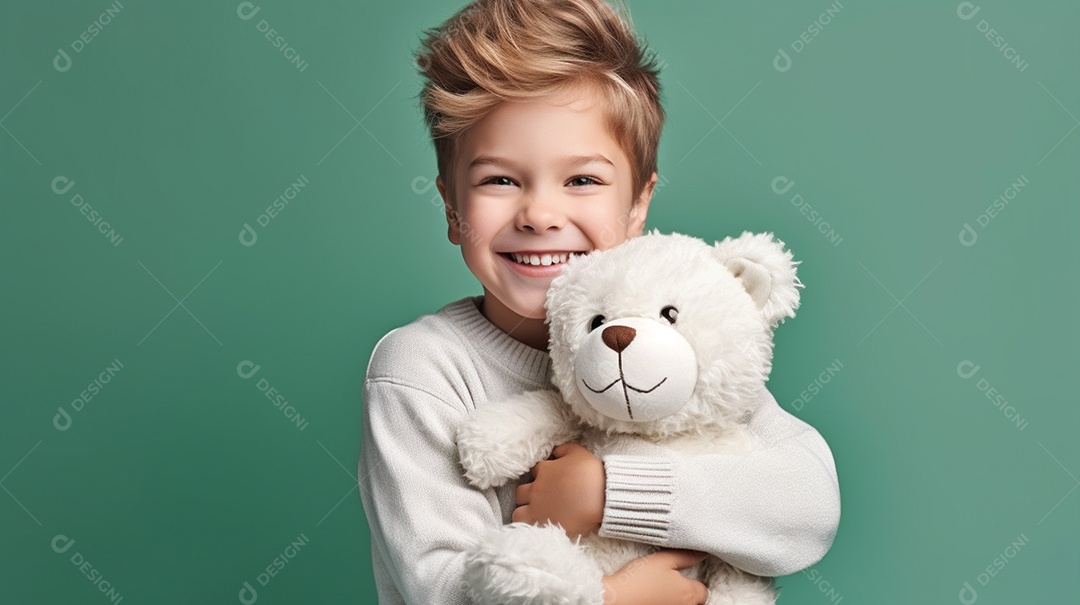 Garoto branco em roupas casuais se diverte, abraça o ursinho de pelúcia