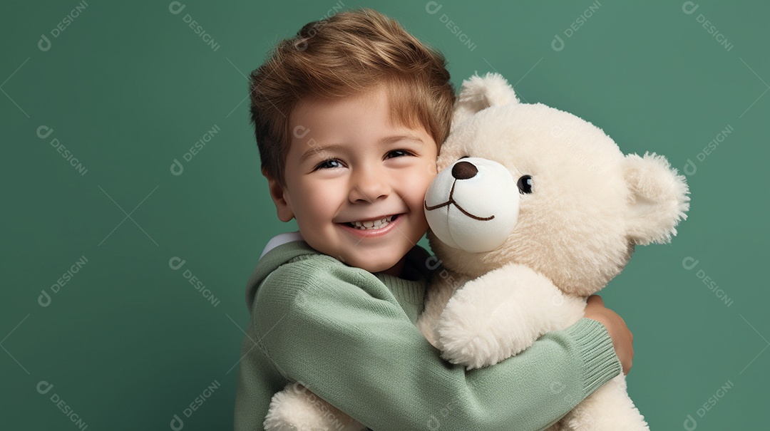 Garoto branco em roupas casuais se diverte, abraça o ursinho de pelúcia