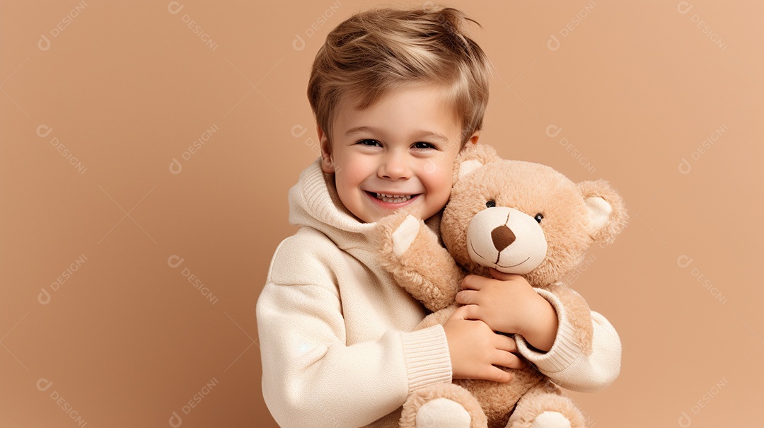 Garoto branco em roupas casuais se diverte, abraça o ursinho de pelúcia