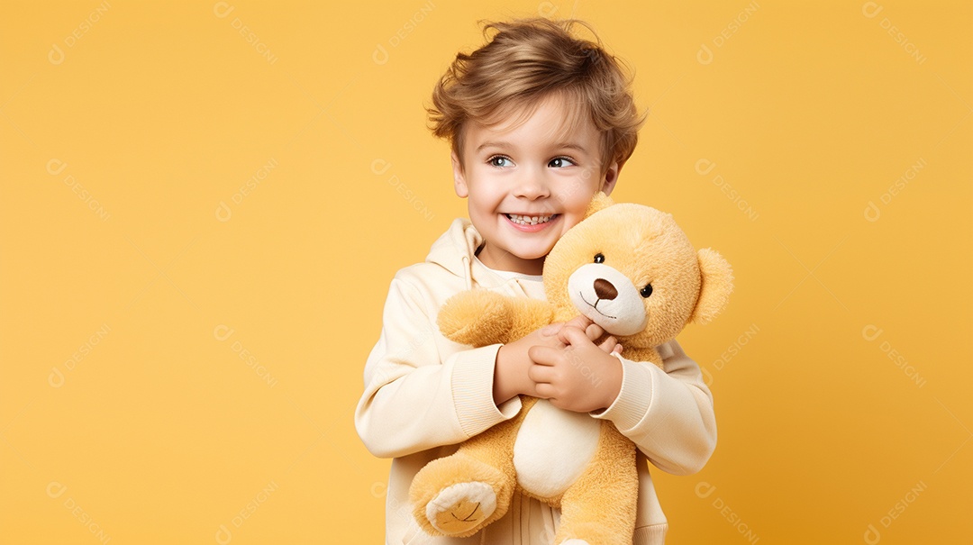 Garoto branco em roupas casuais se diverte, abraça o ursinho de pelúcia