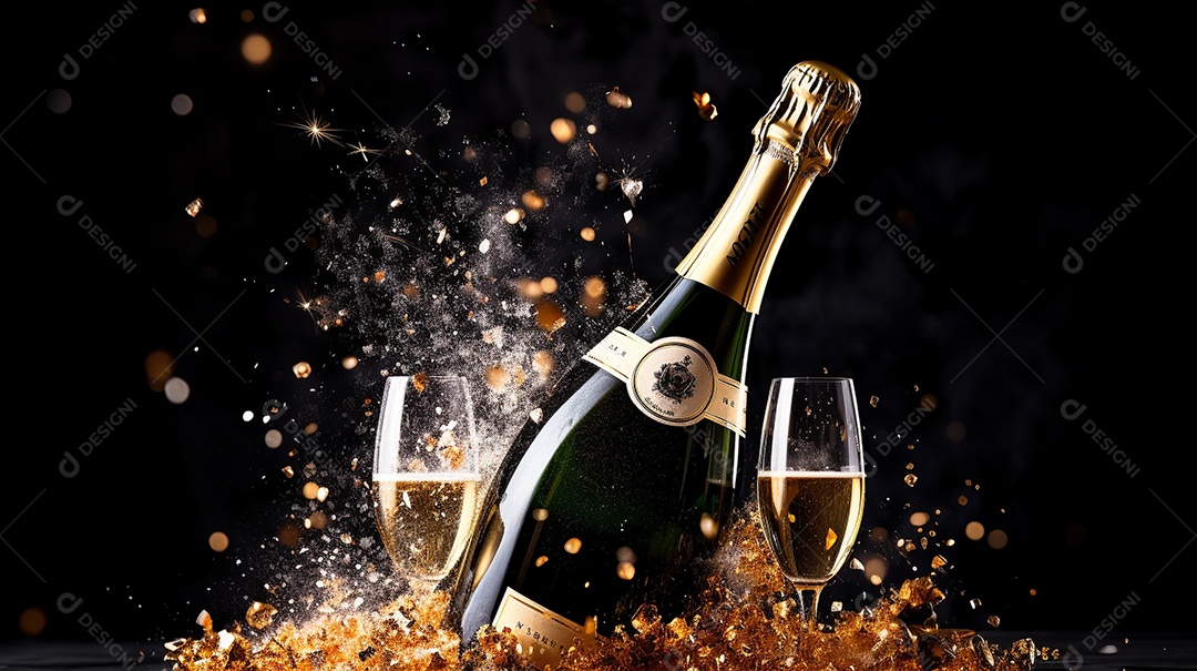 Fundo de celebração com garrafa de champanhe dourada