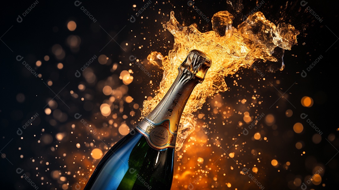 Fundo de celebração com garrafa de champanhe dourada