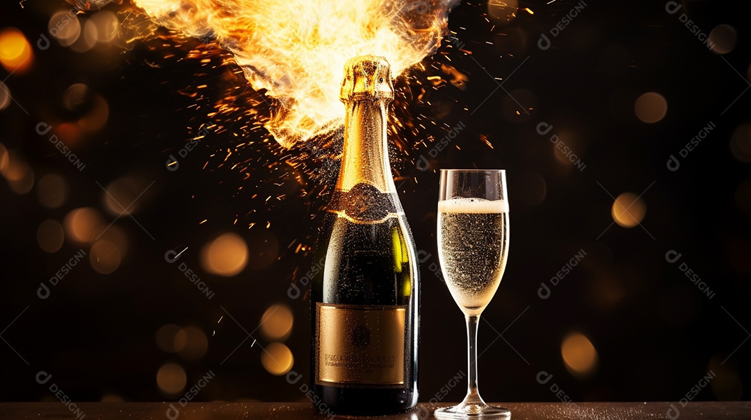 Fundo de celebração com garrafa de champanhe dourada