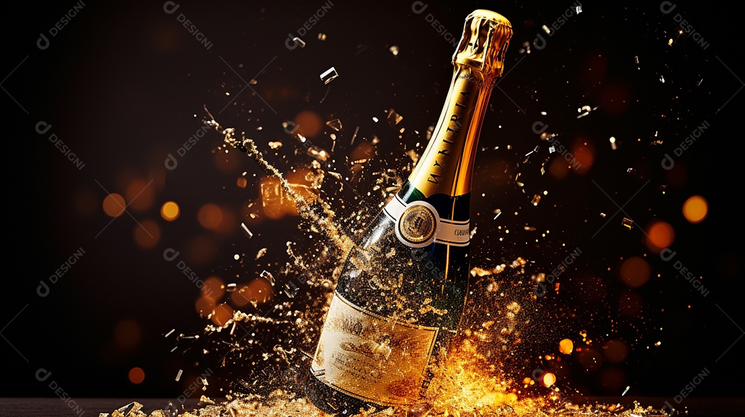 Fundo de celebração com garrafa de champanhe dourada