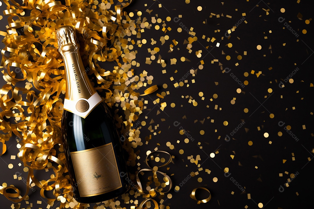 Fundo de celebração com garrafa de champanhe dourada