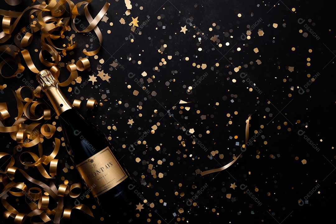 Fundo de celebração com garrafa de champanhe dourada