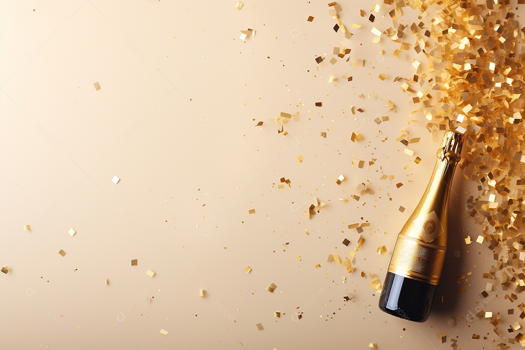 Fundo de celebração com garrafa de champanhe dourada