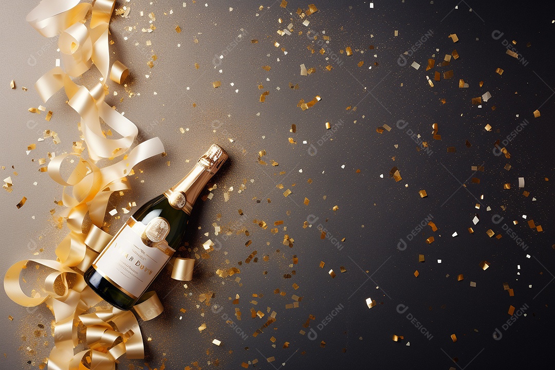 Fundo de celebração com garrafa de champanhe dourada