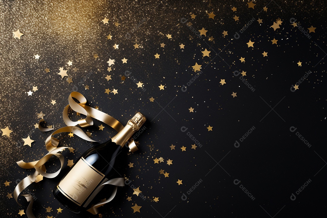 Fundo de celebração com garrafa de champanhe dourada