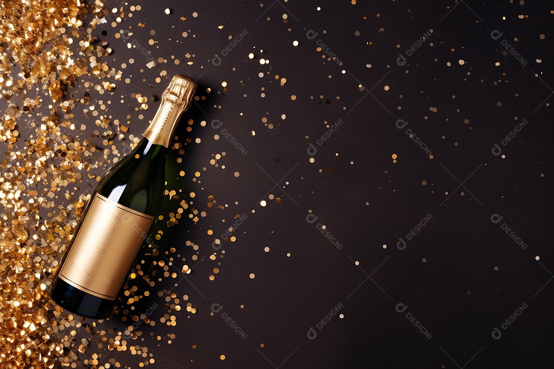 Fundo de celebração com garrafa de champanhe dourada