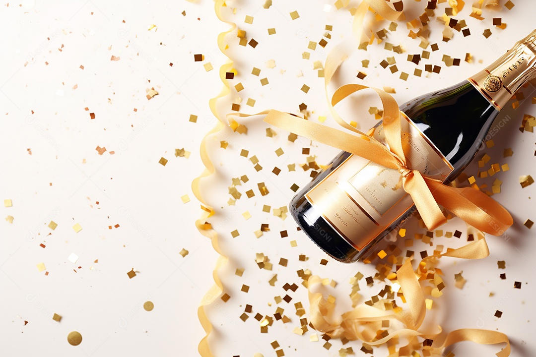 Fundo de celebração com garrafa de champanhe dourada