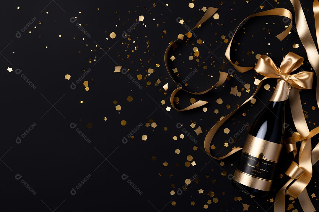 Fundo de celebração com garrafa de champanhe dourada
