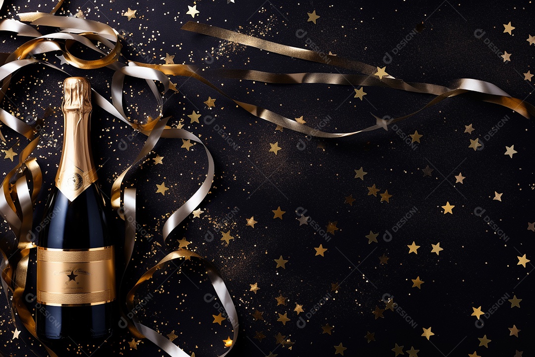 Fundo de celebração com garrafa de champanhe dourada