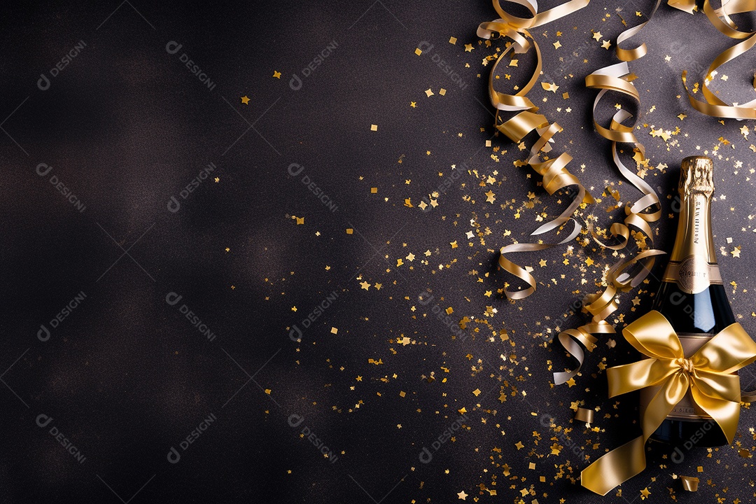 Fundo de celebração com garrafa de champanhe dourada