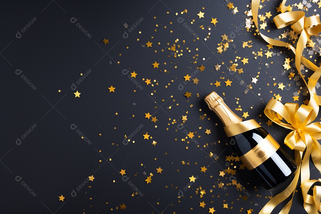 Fundo de celebração com garrafa de champanhe dourada