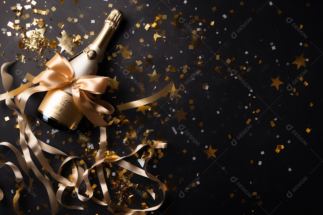 Fundo de celebração com garrafa de champanhe dourada